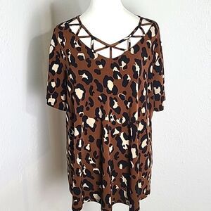 Cato Animal Print Top with Cut-outs @ Neckline, Brown, Black, White, Size 14/16W
